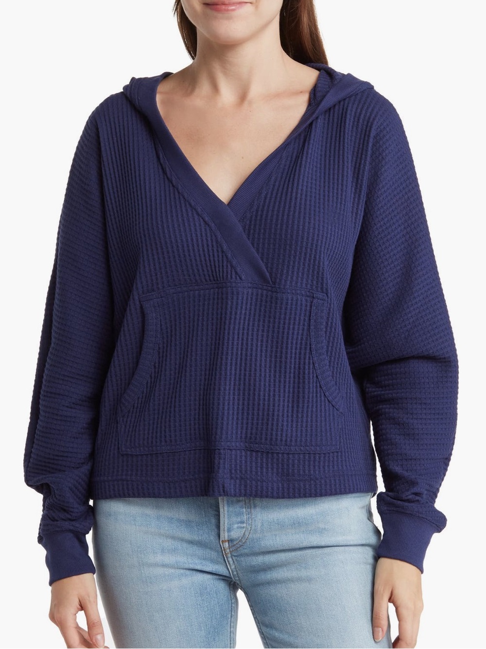 Women's Navy Waffle-Knit Hooded Sweater
